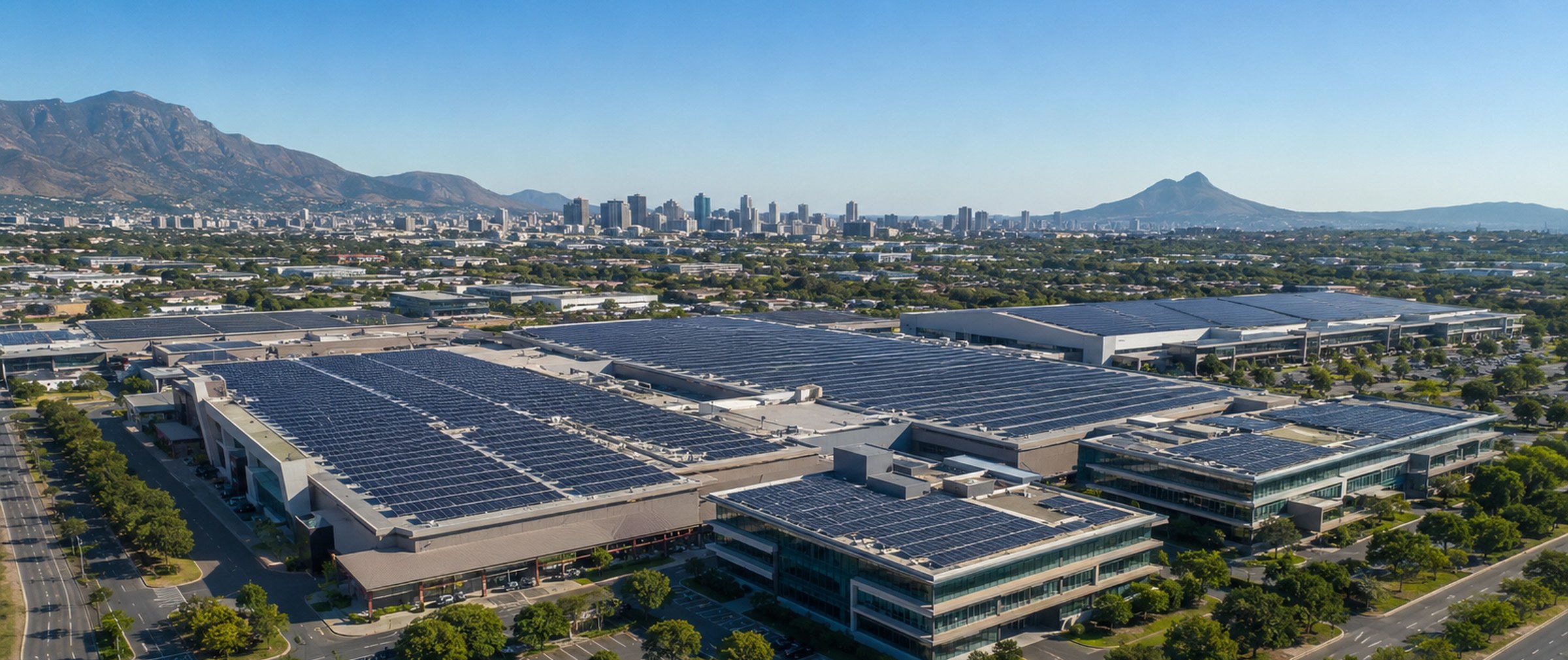 Aerial view of a South African commercial property precinct with every roof covered in solar panels, illustrating why electricity wheeling in South Africa is the next step